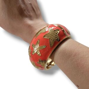 Chunky Orange/Gold Enamel Starfish Hinge Bangle Bracelet